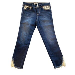 Jordache Cropped Jeans Girls 8 Blue Denim Cotton Lace Frayed Hem Pockets Zip-Fly